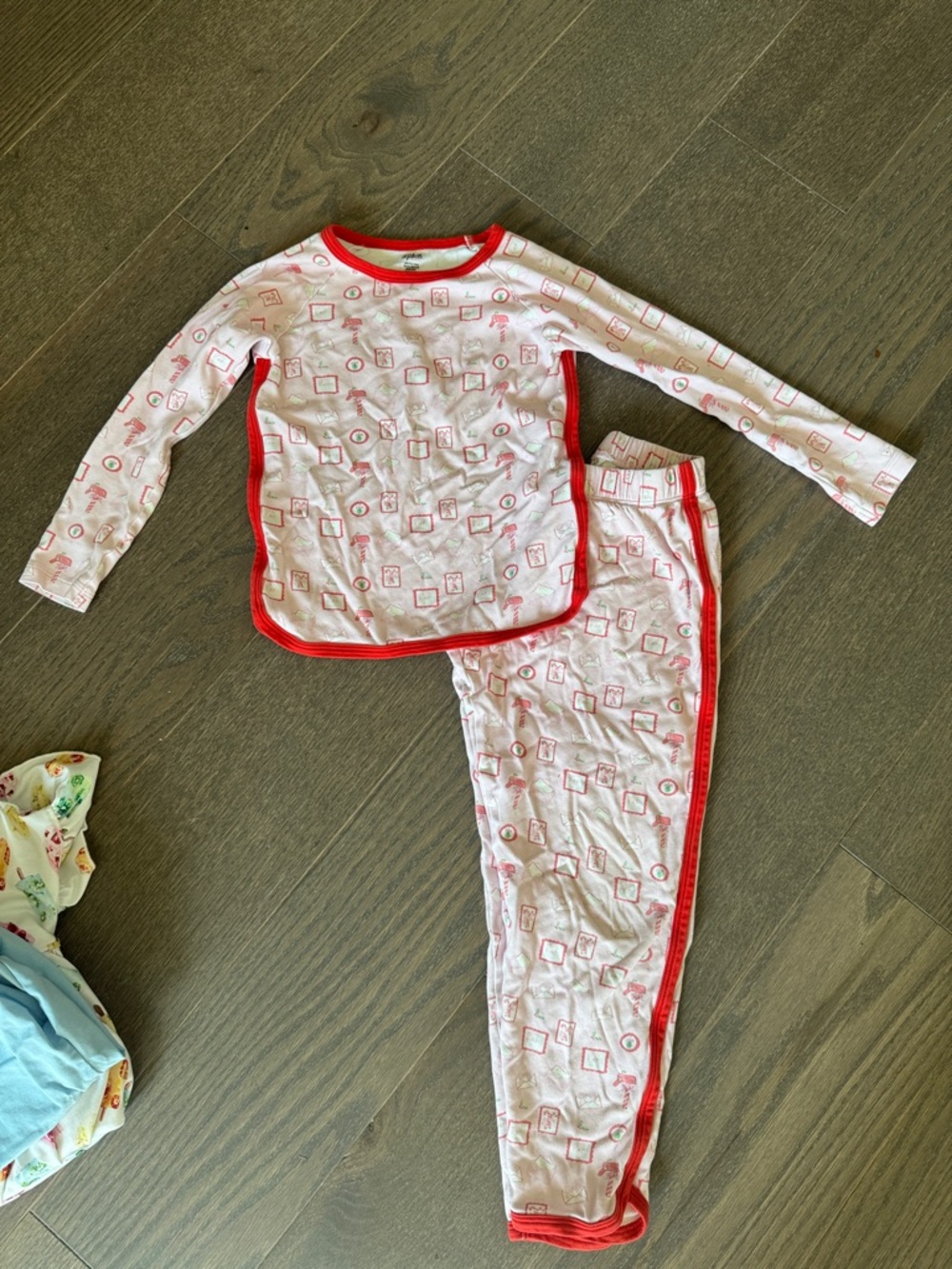 Kids Long-Sleeve Pink Christmas Pajama Set with Red Trim